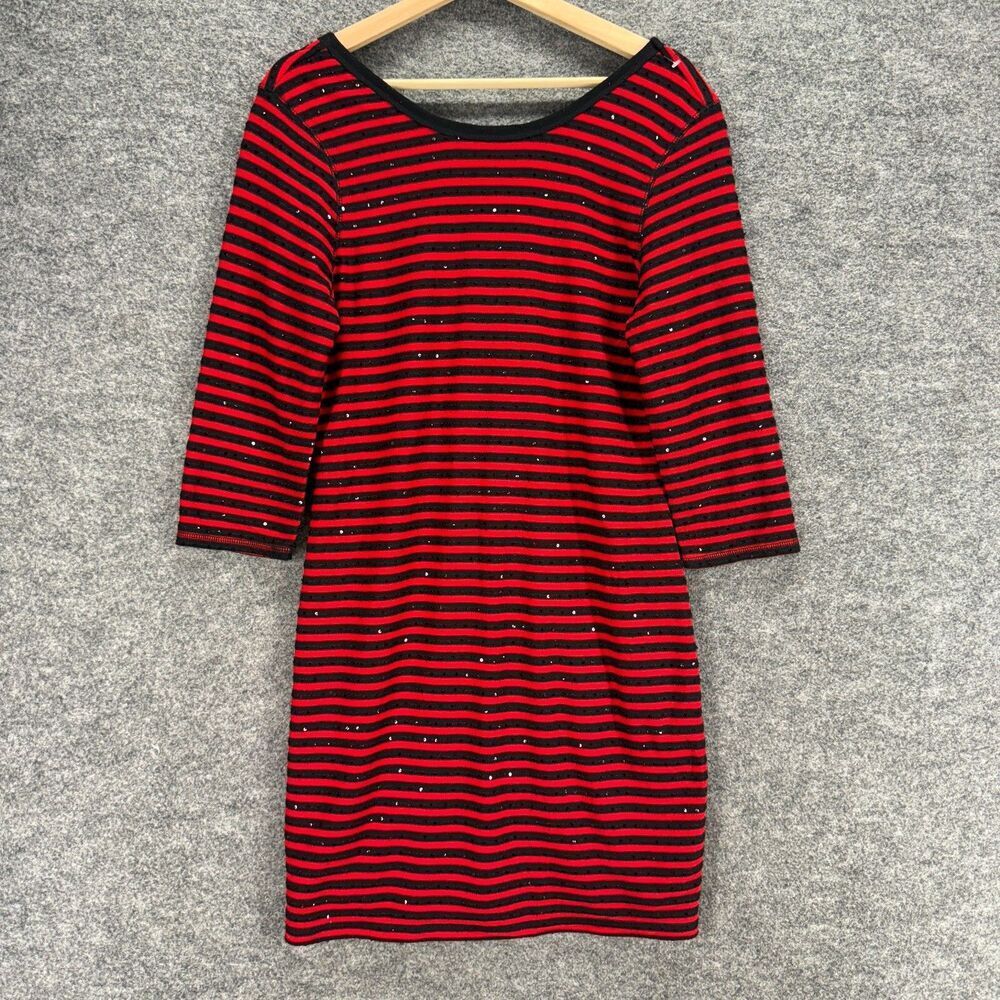 Express Dress Women L large Red Striped Shift Midi Lined Long Sleeve Casual